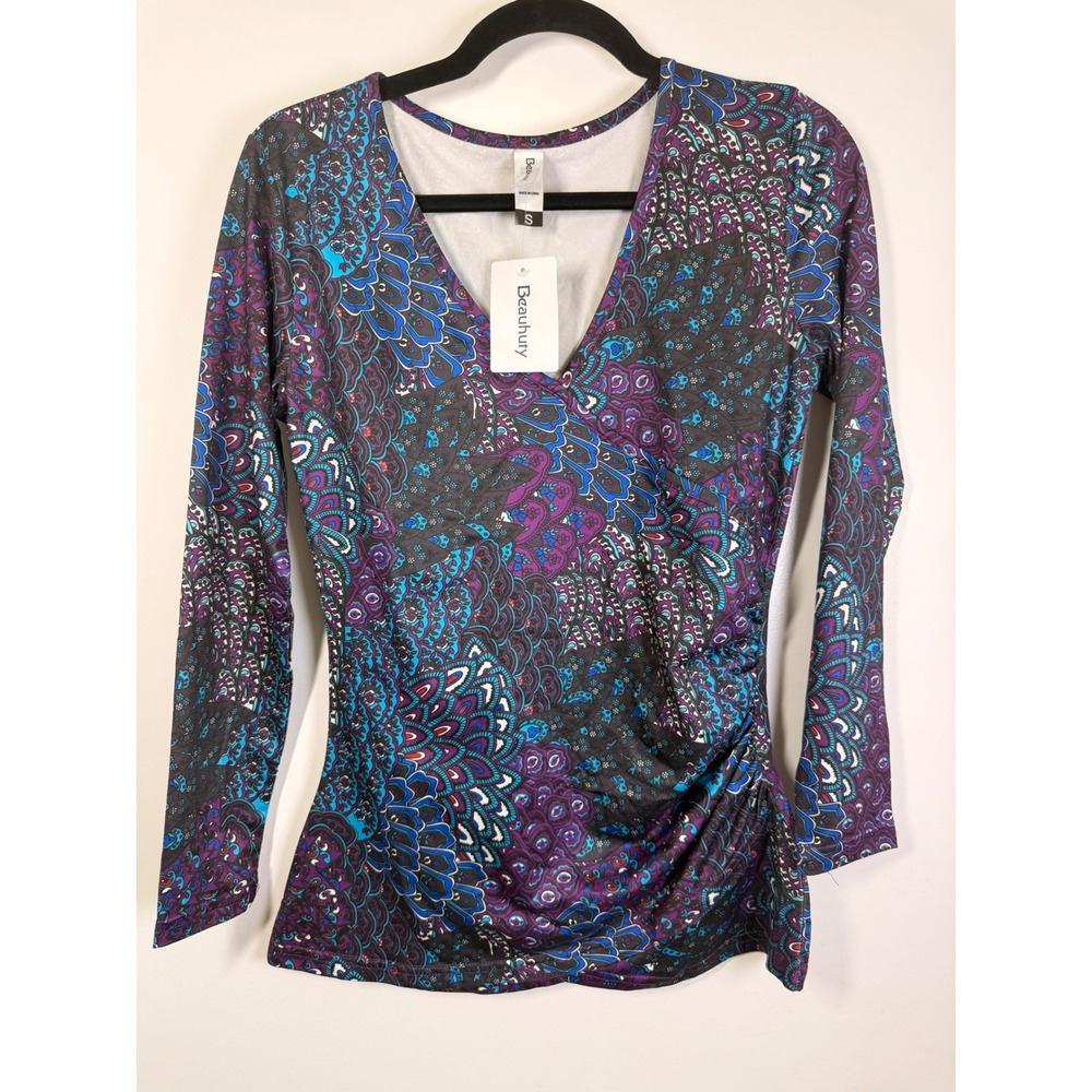 Beauhurty Ruched Top Women S Purple NWT Long Sleeve V-Neck Paisley Mandala